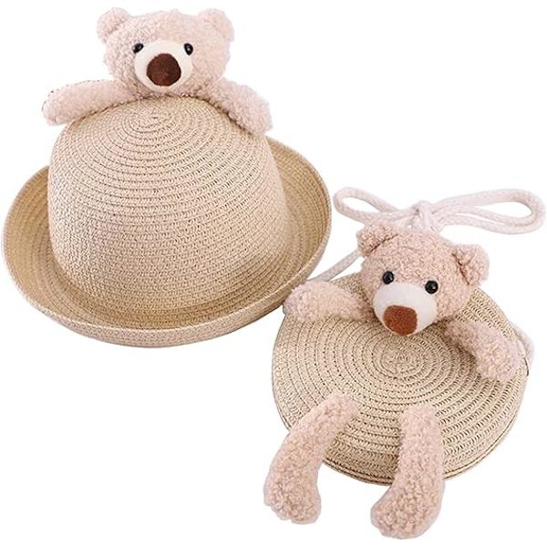 Auringonhattu, käsintehty olkihattu käsilaukulla Auringonhattu lomille Karhuhattu olkalaukku tytöille Beige