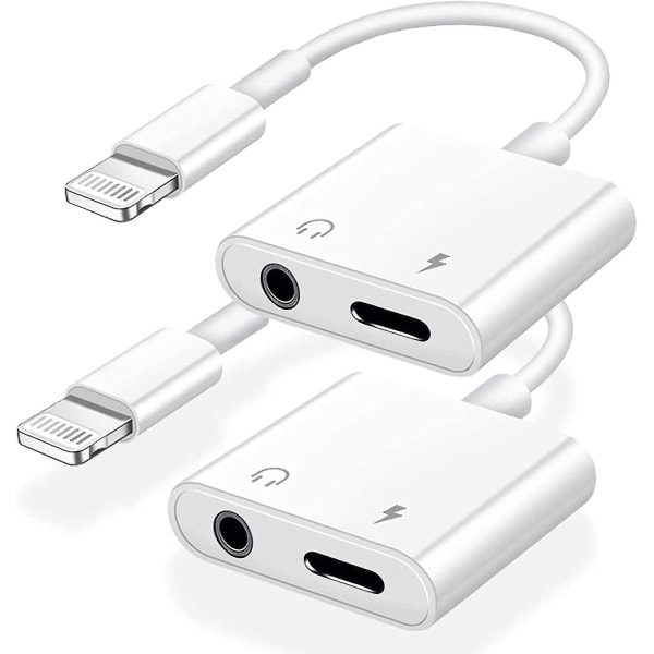 2-pack iPhone-hörlursadapter, 2-i-1 Lightning till 3,5 mm ljud + laddare