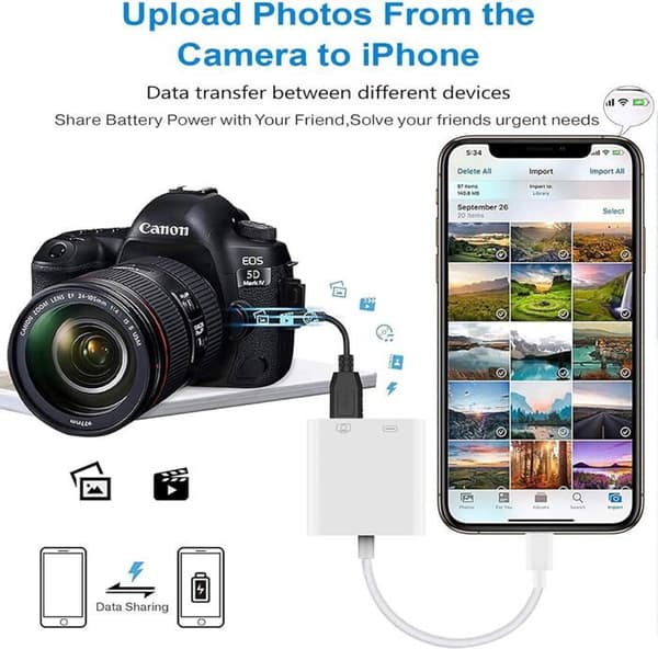 Lightning til USB 3.0-adapter med hurtigopladningsport, USB-adapter til iPhone og iPad, OTG-kameraadapter til USB-flashdrev