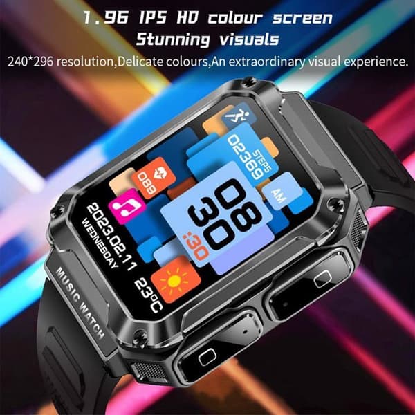 HIPIPOOO 1,96\" smartklokke med innebygde Bluetooth-hodetelefoner, SpO2, GPS, vanntett