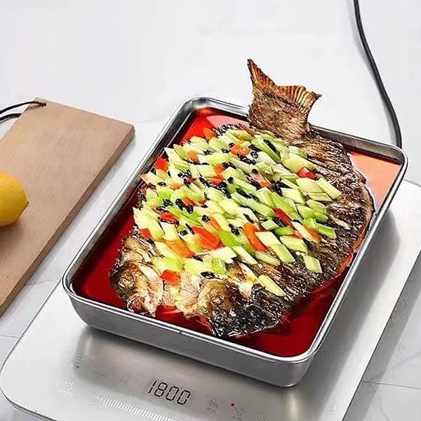 Fyrkantig plåtbricka i rostfritt stål BBQ-plåtbehållare kök Silver med lock