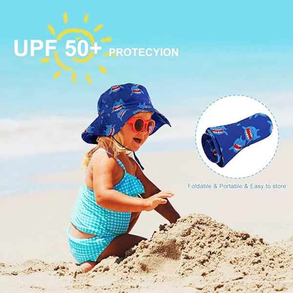 Børne Spand Hat, Unisex Børne Sommer Hat Bred Skygge Solbeskyttelse Hat, Sammenfoldelig Strand Cap med Justerbar Hagesnor UPF 50