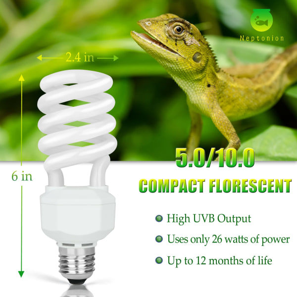 UVA UVB 5.0 Reptillampe, 26W Dual-Threat UV-lampe, Kompaktlysrør, Velegnet til regnskovsreptiler