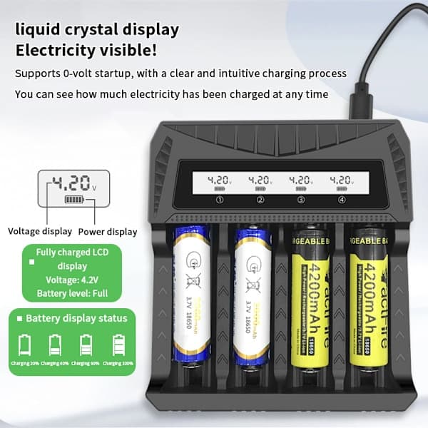 USB-laddare flytande LCD-batteri USB-laddare - 1/2/4 platser för 186 A2 A2