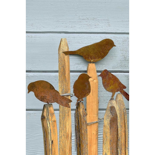 Rostiga fåglar med skruv för skruvning i trä, 4 patinafåglar trädgårdsstake Rost rostig trädgårdsdekoration ekorre rost dekorativ trädpåle