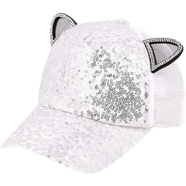 Piger Drenge Sparkle Sequin Baseball Cap Katteøre Peak Justerbar Solhat White