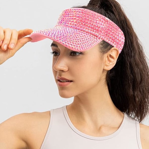 Bling Rhinestones Sport Solskydd Hatt Justerbar Sommarkeps Visor Mössor för Kvinnor Flickor Pink