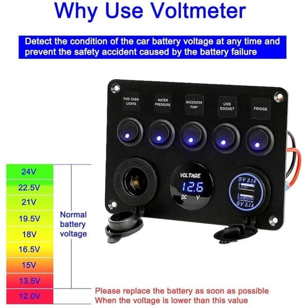 5-veis vippebryterpanel, vippebryterpanel, elektrisk panel for båt, bil, vanntett, 12V/24V, lastebil, SUV