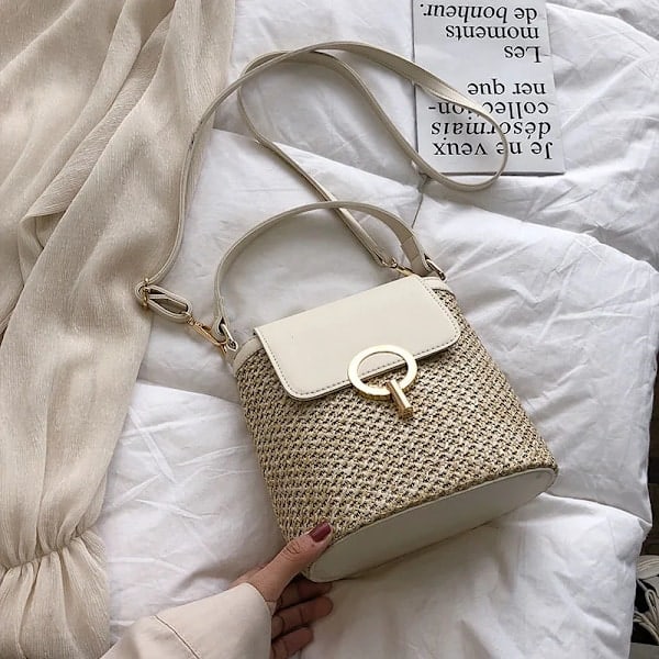 Dam Casual Straw Bucket Crossbody Väska Sommar Korg Axelväska Resväska VIT 20x10x21cm WHITE
