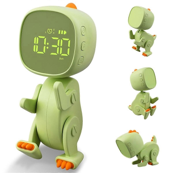 Digital väckarklocka för barn, tre alarm, dinosaurieväckarklocka med varierbar form, snooze, nattlampa med timer, grön