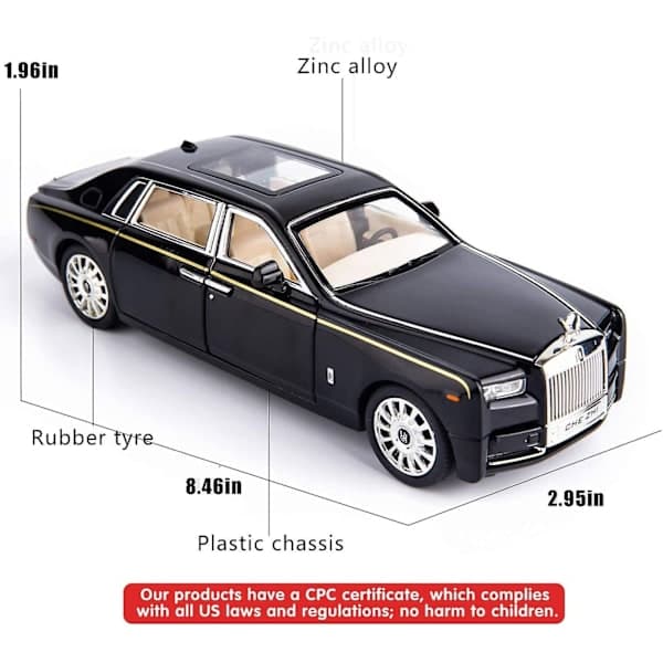 1/24 Rolls-Royce Phantom Modelbil Zinklegering Træk Tilbage Legetøjsbil med Lyd og Lys til Børn Drenge Pige Gave (Sort) St-001 (FMY)-Perfet