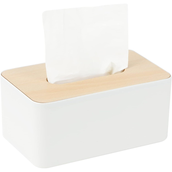 Servietbeholder med bambus top, rektangulær, plast, 21 * 13 * 9,5 cm, servietdispenser til stue, kontor, bil