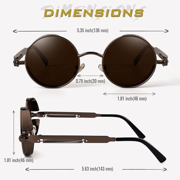 Retro pyöreä ympyrä polarisoidut Steampunk aurinkolasit miehille ja naisille UV-suojalla Brown