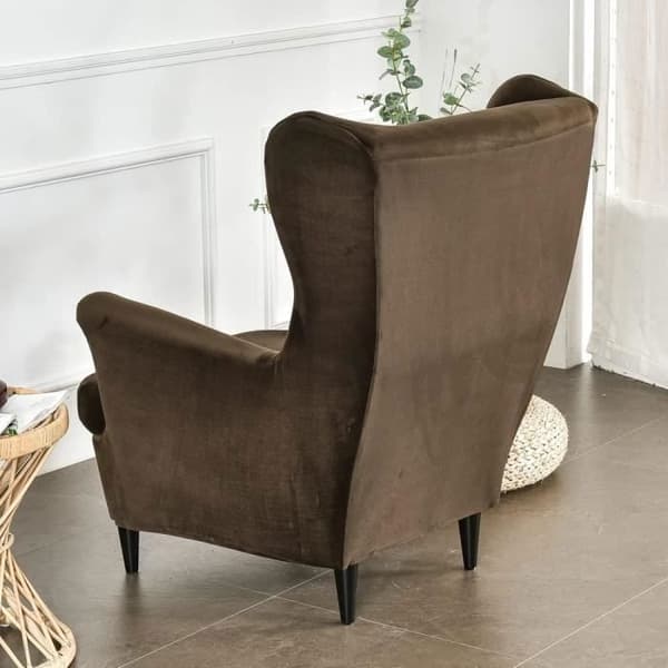 Velour 2-delat stretchöverdrag för öronlappsfåtölj med T-format kuddöverdrag, Café