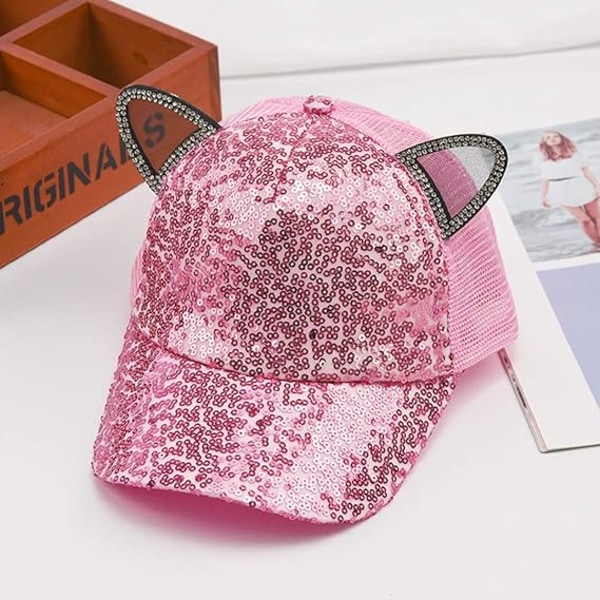 Flickor Pojkar Sparkle Paljetter Baseball Cap Katt Öra Topp Justerbar Solhatt Pink