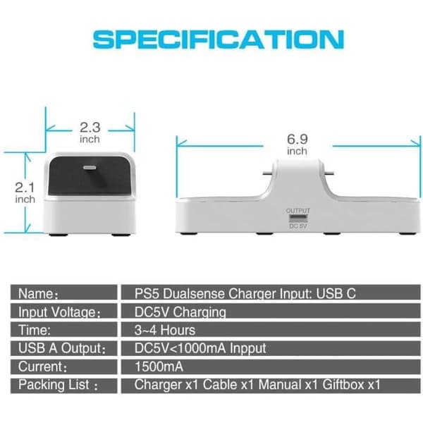 PS5 Controlleroplader, ladestation kompatibel med DualSense Playstation 5-controllere, rød/blå LED, USB-port til tilbehør