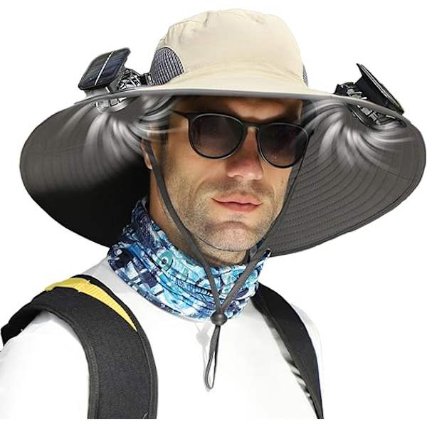 Bredbrättad solhatt med solfläkt | Sommar UV-skydd solhatt med 2 solfläktar | Sol- och USB-laddning för fiskare Khaki