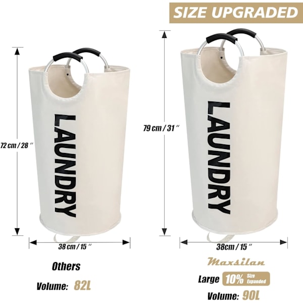 90L Stor tvättkorg, fristående hög tvättkorg, hopfällbar tvättpåse Beige