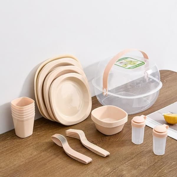 Camping-servis, 48-delars picknickset i plast, för utomhusbruk, vandring, camping - Typ A-set