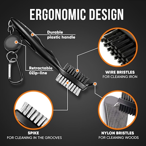 Golfklubbsrengöringsborste och spårrengörare med infällbar klämma, förlängs 60 cm mässing, ergonomisk design, fästs enkelt på golfbagen (svart)