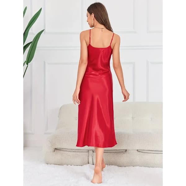 Solid Satin Slip Nattlinne, Elegant V-ringad Rygglös Nattlinne med Spagettiband, Damsovkläder & Klänningar Röd Röd XL Red XL