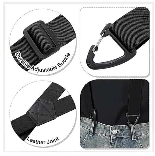 Selar til menn i X-form - 3,8 cm bred elastisk stropp med 4 karabinkroker - Justerbare sklisikre seler for arbeidsbukser deep grey