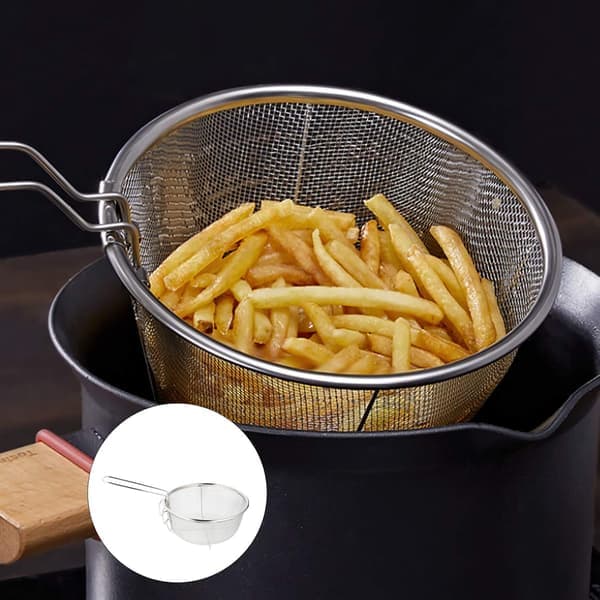 Fritøskurv i rustfritt stål, rund frityrkurv i netting med sammenleggbart håndtak, for kjøkkenfritering.