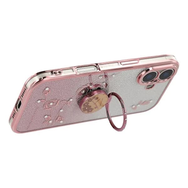Kompatibel med iPhone 17-deksel Ringstøtte TPU Blomster Telefondeksel Gradient Glitter Rosegull Rosegull-Happy