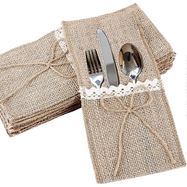 20 st Bestickhållare Väska Säckväv Spets Bordsservis Fodral Jute Gaffel Vintage Dekoration Bordsartiklar Bröllopsfest Jul Dop Knut Jute