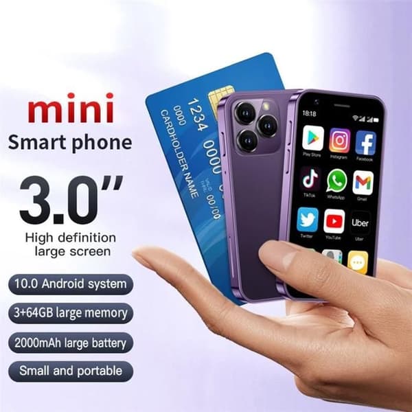 Android 10 5MP Dual SIM Mini 3-tommers mobiltelefon 4G smarttelefon, 3 + 64 GB - Lilla