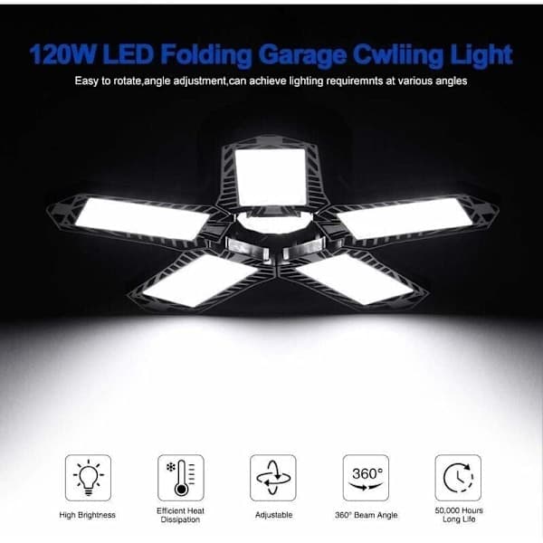 Salg - LED garasjebelysning - 120 W - 12000 lm - Verkstedlampe - Formbare taklamper - E26/E27 paneler - 1 lampe