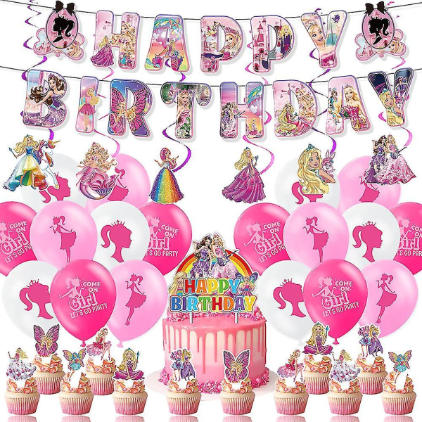 37 stk Barbie gratulerer med dagen festdekorasjon, rosa Barbie tegneseriedukke Bannerkake Topper Barbie ballonger