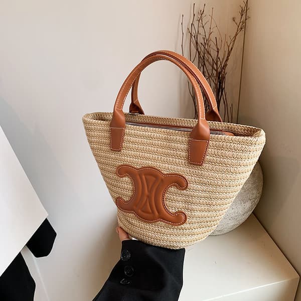 Ny retro stråväska strandväska stor kapacitet bärbar grönsakskorgväska axelväska brun Brown