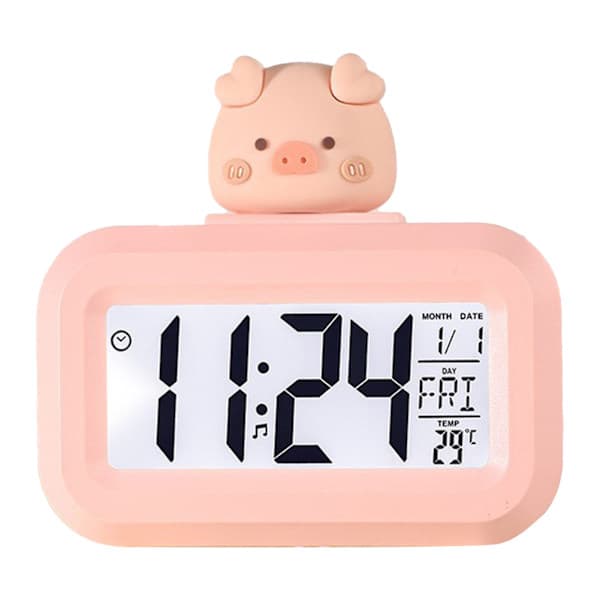 Sød Pink Gris LED Vækkeur med Kalender og Temperaturvisning