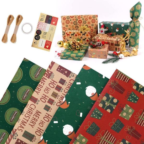 Julklappspapper, 4 st Födelsedagspapper Återvinningsbart Presentpapper med 2 Rep, 1 Dubbelhäftande Tejp, Brunt Julklappspapper