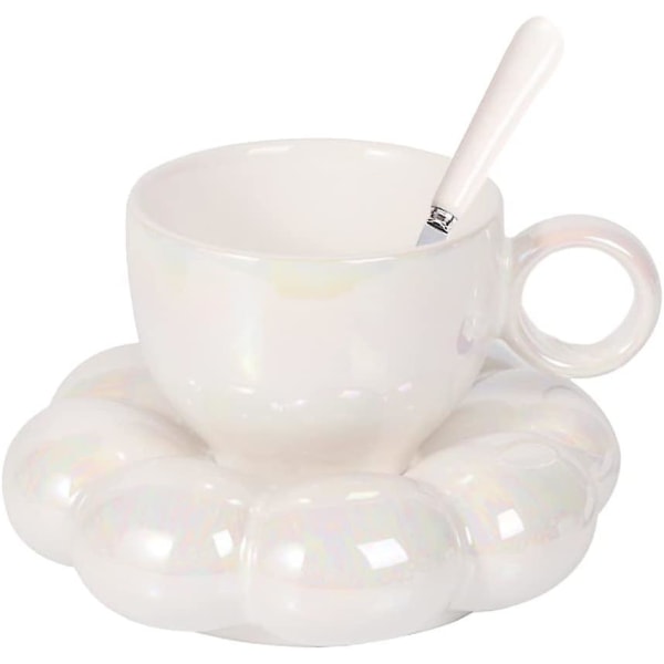 Keramisk blomma kaffemugg, kreativ söt kopp med molnsolrosunderlägg för kontor och hem, 6,5 oz/200 ml för te latte mjölk