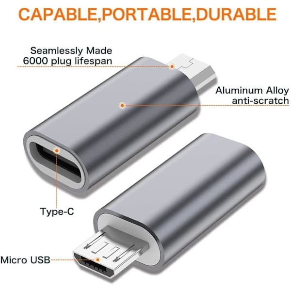 USB C - Micro USB -sovitin, (4 kpl) Type C naaras - Micro USB uros muunninliitin tukee latausdatan synkronointia (harmaa)