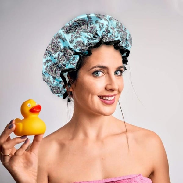 3 pakker Dobbelt lag Dusjhette Vanntett Elastisk Badehette for Kvinner Dusj Spa Salong Multicolor-2