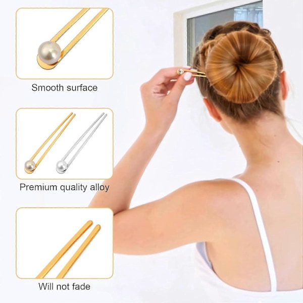 2 st Pärlhårnålar, Fransk U-formad Hårgaffel Elegant Chignon Hårknut Metall
