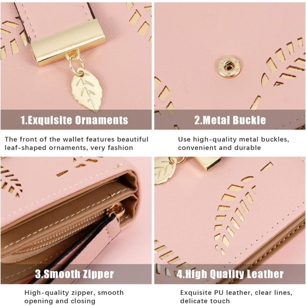 Naisten lompakko, pieni naisten bifold nahkalompakko, ontto lehti naisten vegaaninen kolikkopussi vetoketjulla (vaaleanpunainen)