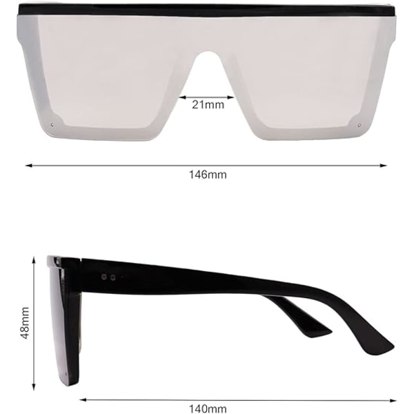 Firkantede Oversize Solbriller til Kvinder og Mænd Fashion Flat Top Store Stel Shades Black /Silver