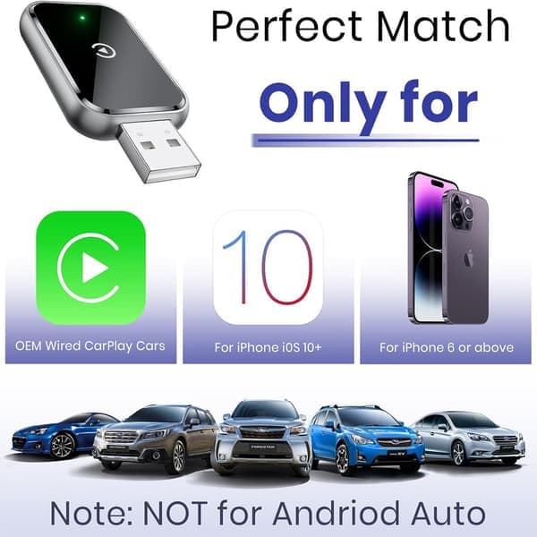 Trådløs CarPlay-adapter til iPhone, konverterer kablet til trådløs Apple CarPlay-adapter, USB & USB-C/Type-C