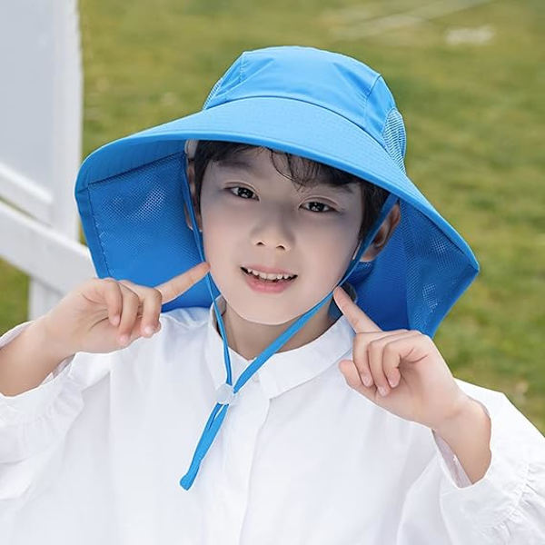 Barn Bred Solhatt med Nackskydd 4-13 År Flickor Solhatt Pojkar Mesh Cool Hat Anti UV Kep Blue