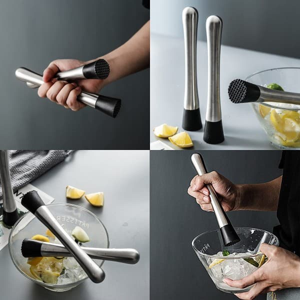 Rustfritt stål cocktail muddler 21cm Mojito Masher med ribbet nylonhode Bar Stick Fruit Mixer