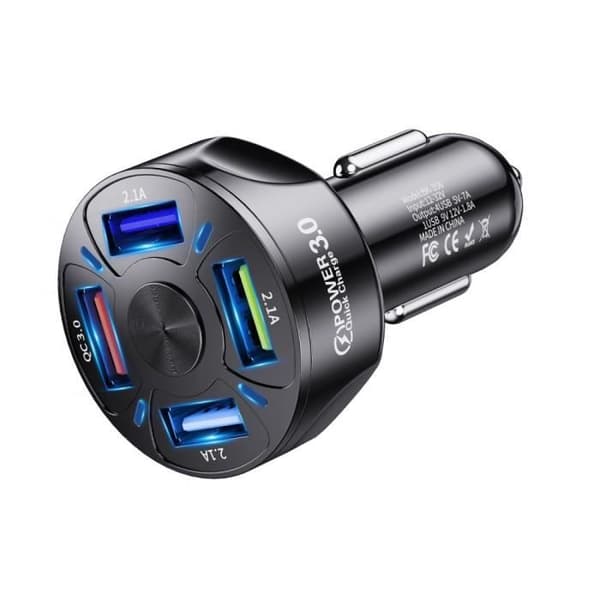 4-ports USB QC 3.0 biloplader, hurtigopladende cigarettænder-oplader - Sort