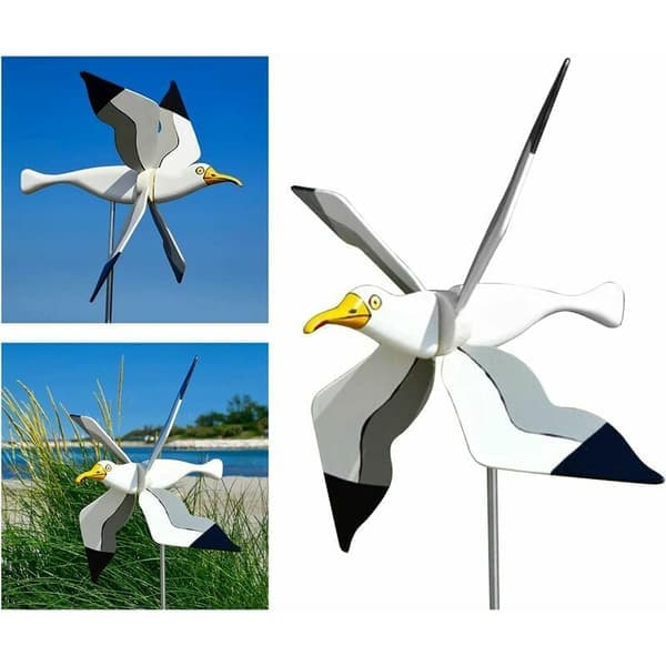 Hagehjul i resin, hvit måke, spinnende vinger, vindfløy, 3D vindspinner, plenpynt