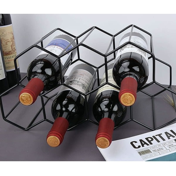 Pieni vapaasti seisova pöytätasoinen viiniteline - hunajakennomainen metallinen viinipidike 9 pullolle, musta, viinin organizer