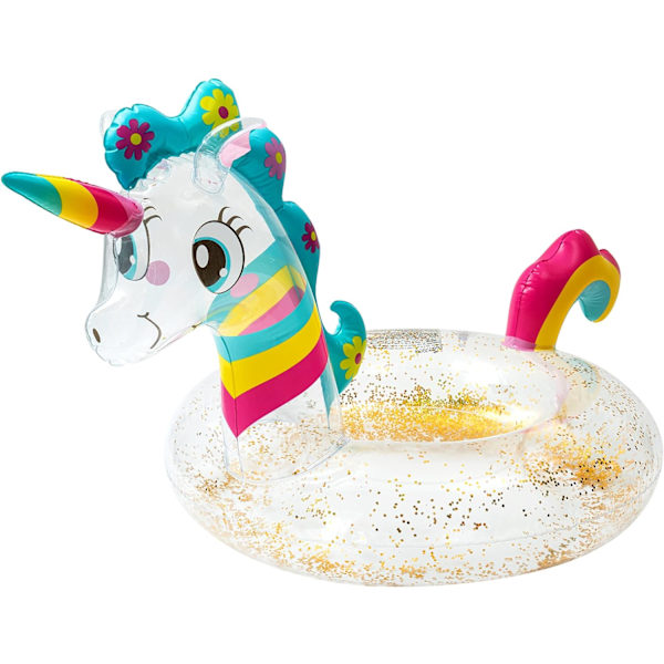 Unicorn Float Oppblåsbar Bassengring med Glitrende Svømme Sete Båt Svømmebasseng Oppblåsbare Leker Bassengfest Sommerleker
