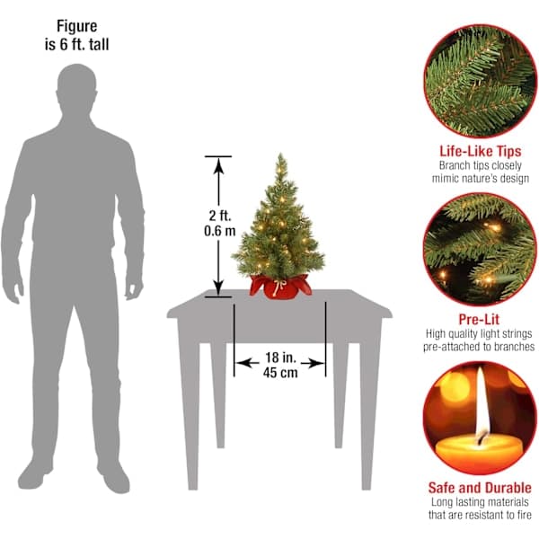 Forhåndsbelyst kunstig mini-juletre | Inkluderer små lys og stoffposebase | Majestetisk gran - 60 cm red