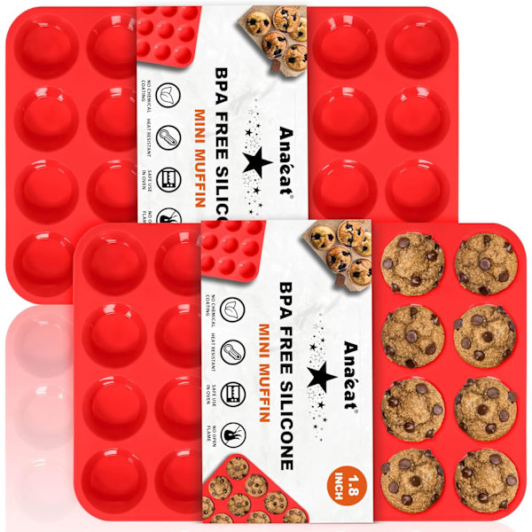 Silikon Muffinform - Mini 24 Koppar Cupcakeform, Non-Stick Silikon Bakformar för att göra Muffins, Cupcakes, Choklad 2 Pack 24 Cups